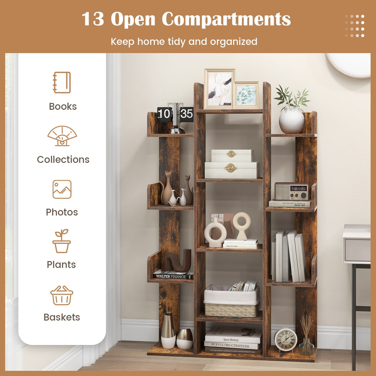 Estantería en forma de árbol con 13 compartimentos