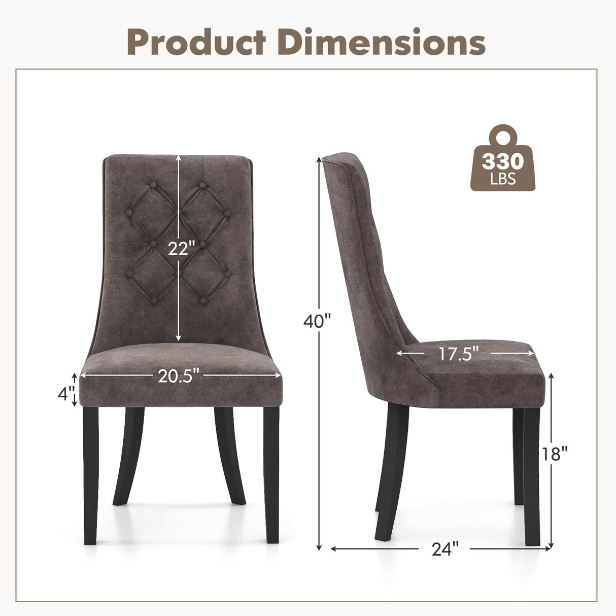 Juego de 2 sillas de comedor tapizadas con respaldo alto y asiento acolchado - Gris
