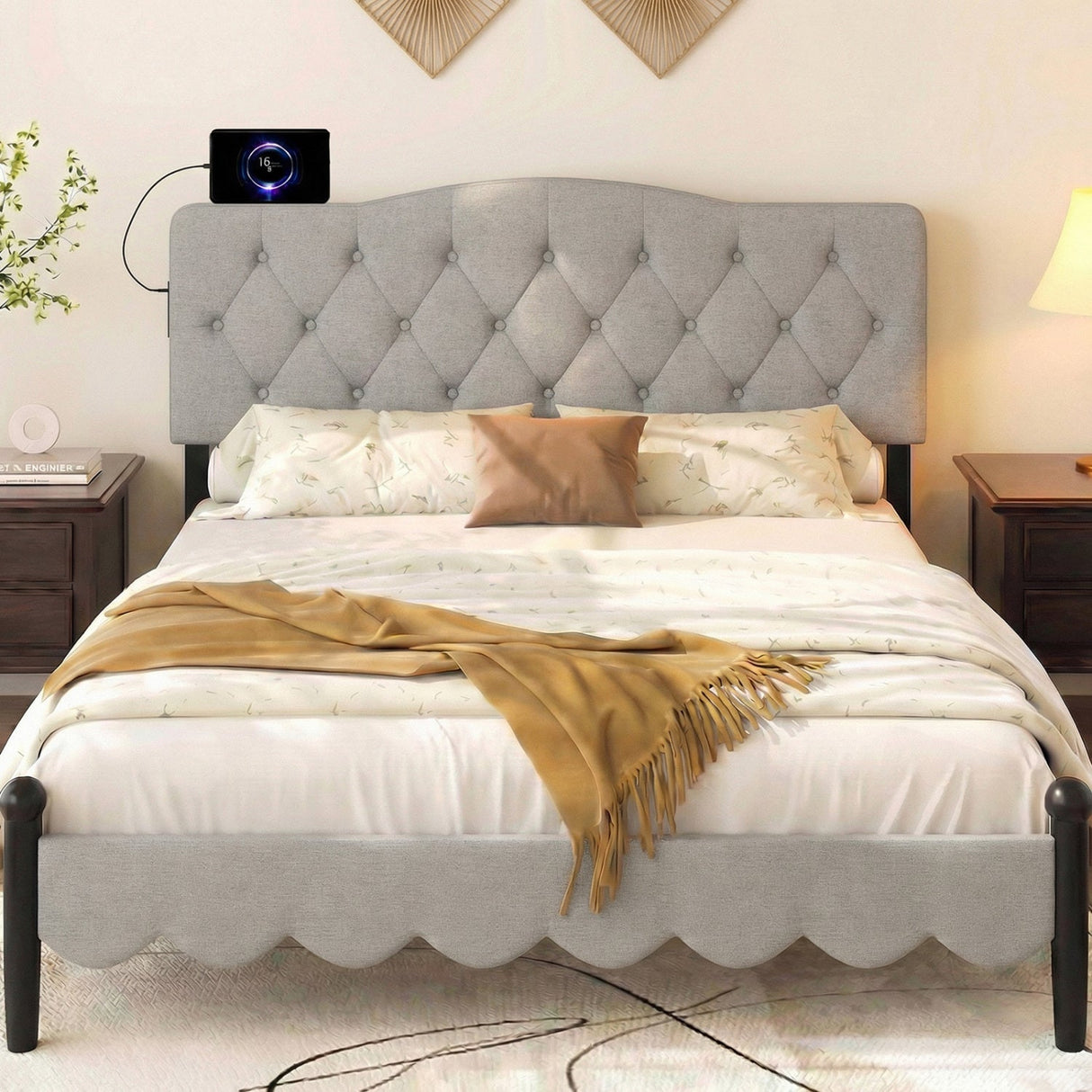 Cabecero tapizado capitoné para cama Queen y Full con 2 tomas de corriente alterna