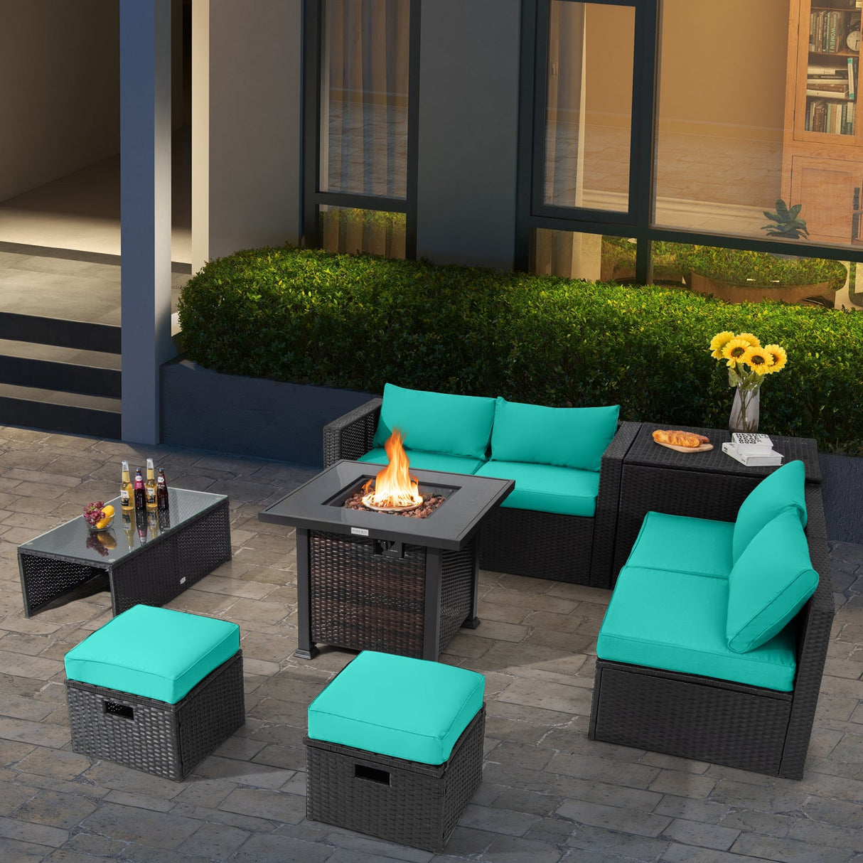Juego de muebles de patio de 9 piezas con mesa de brasero de 32" y brasero de propano cuadrado de 50000 BTU