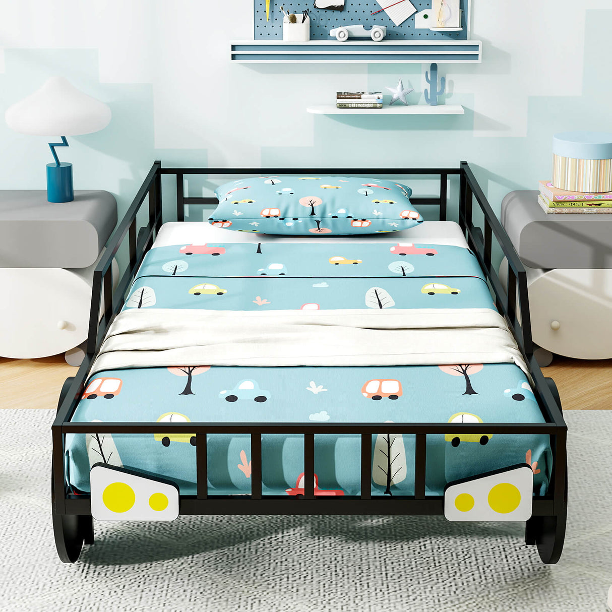 Cama infantil individual de metal con forma de coche y barandillas de seguridad - Tamaño individual