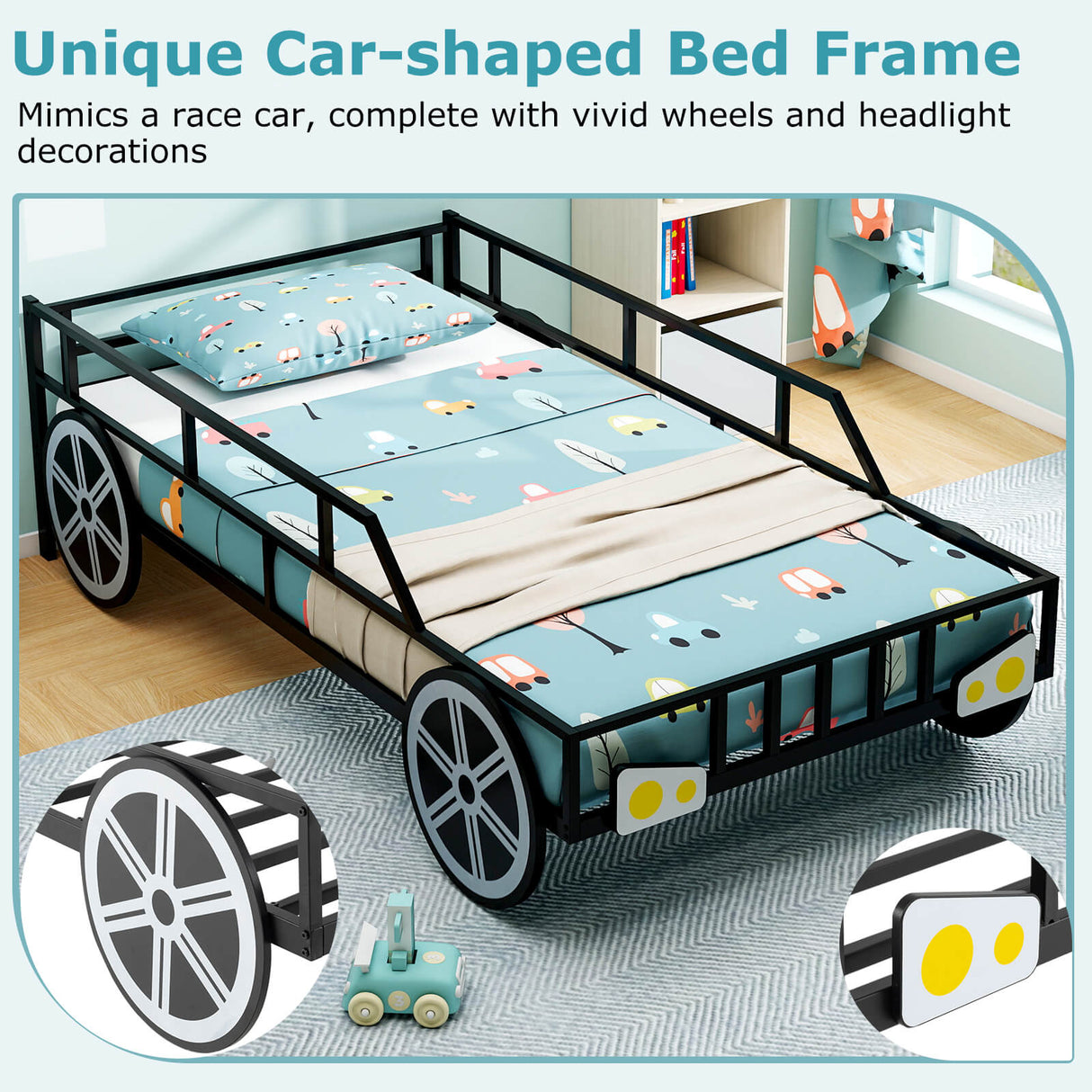 Cama infantil individual de metal con forma de coche y barandillas de seguridad - Tamaño individual