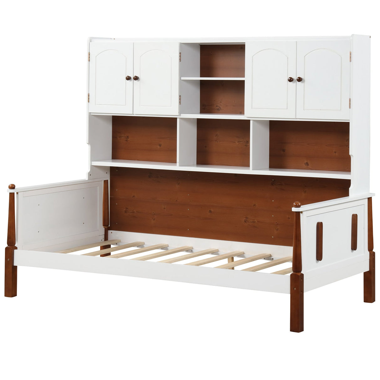 Cama individual con estantería con baldas y soporte de lamas de madera, no necesita somier, para sala de estar o dormitorio - Blanco