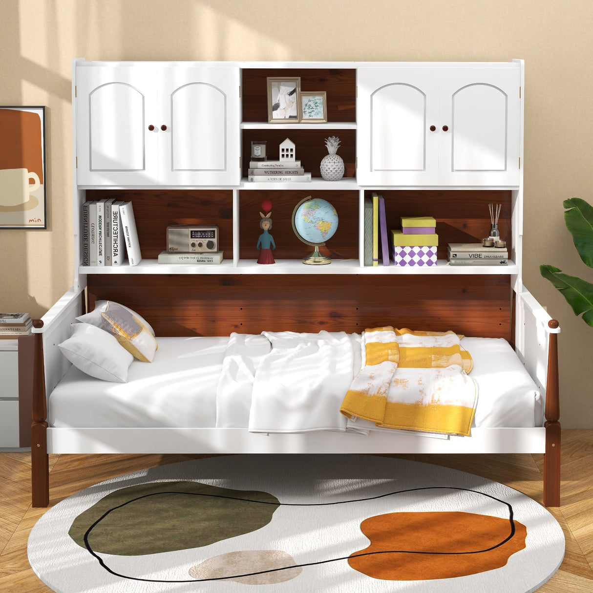 Cama individual con estantería con baldas y soporte de lamas de madera, no necesita somier, para sala de estar o dormitorio - Blanco