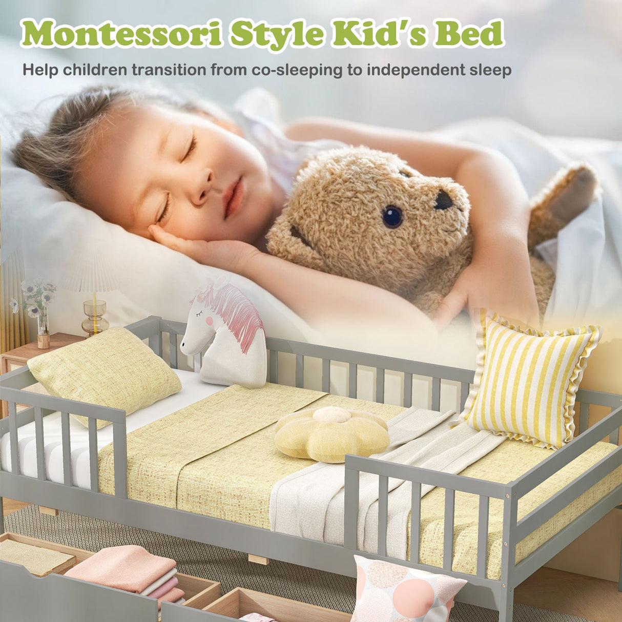 Cama nido doble con valla y 2 cajones Cama infantil para niños y niñas