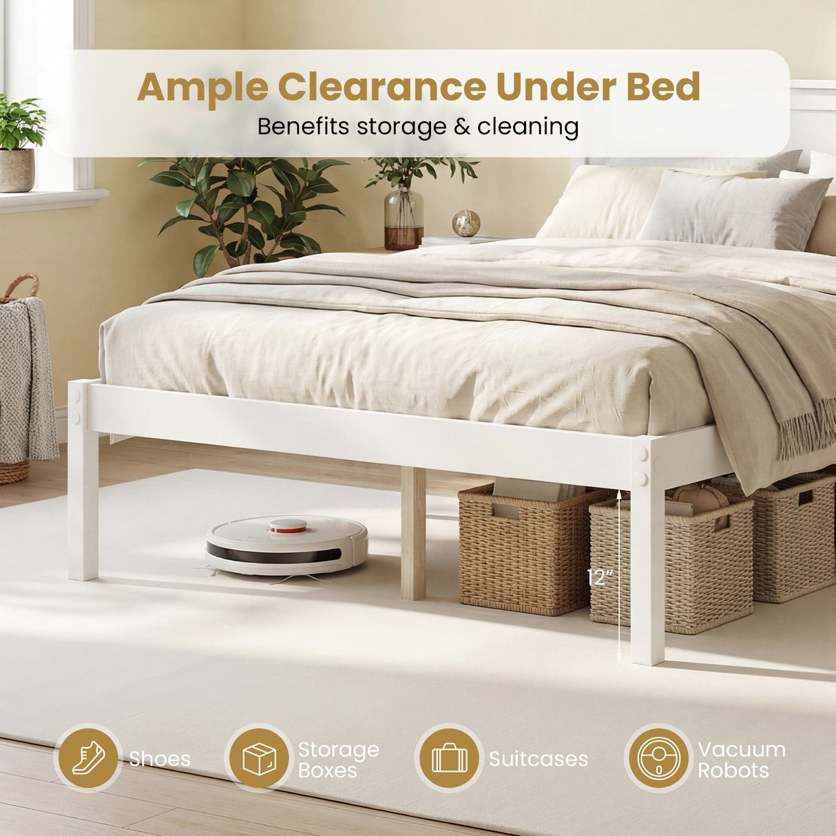 Base de Cama de Madera Robusta con Cabecero y Soporte de Lamas, Tamaños Individual/Matrimonial/Queen