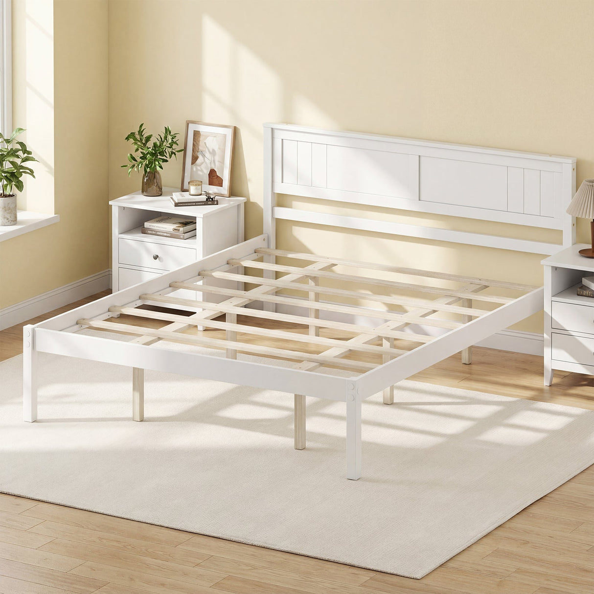 Base de Cama de Madera Robusta con Cabecero y Soporte de Lamas, Tamaños Individual/Matrimonial/Queen