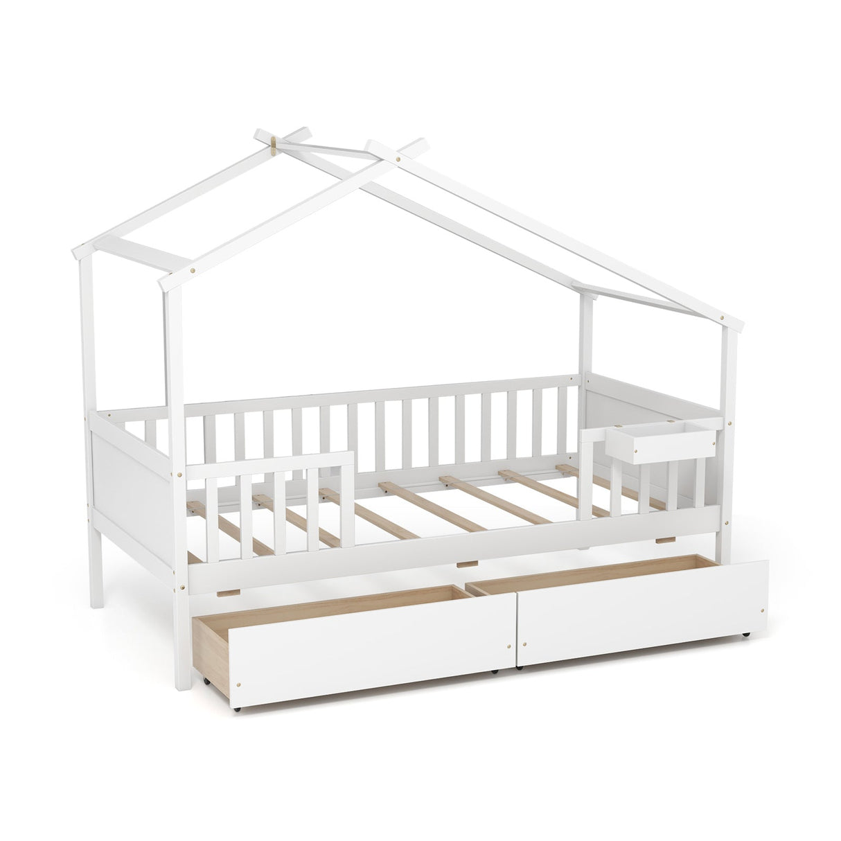 Cama Twin con 2 Cajones de Almacenamiento y Techo & Barandales de Valla
