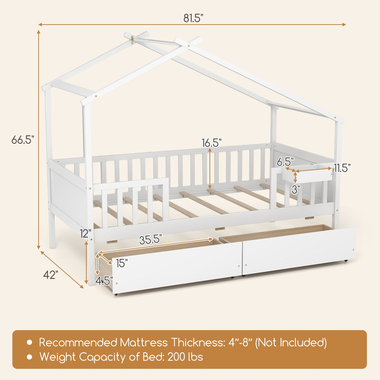 Cama Twin con 2 Cajones de Almacenamiento y Techo & Barandales de Valla