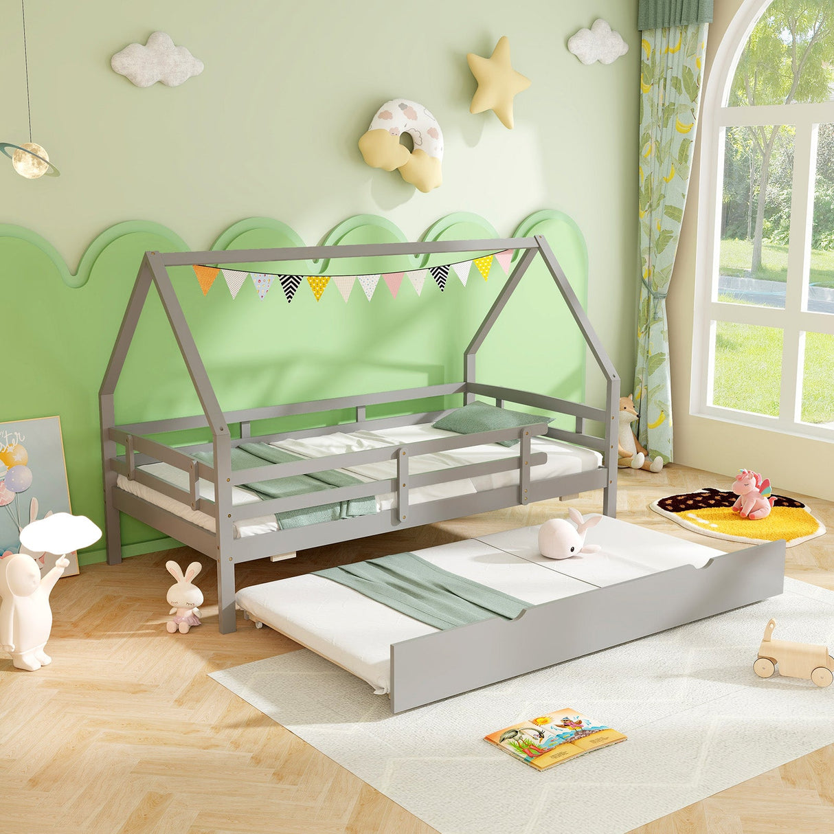 Cama doble con nido y barandilla
