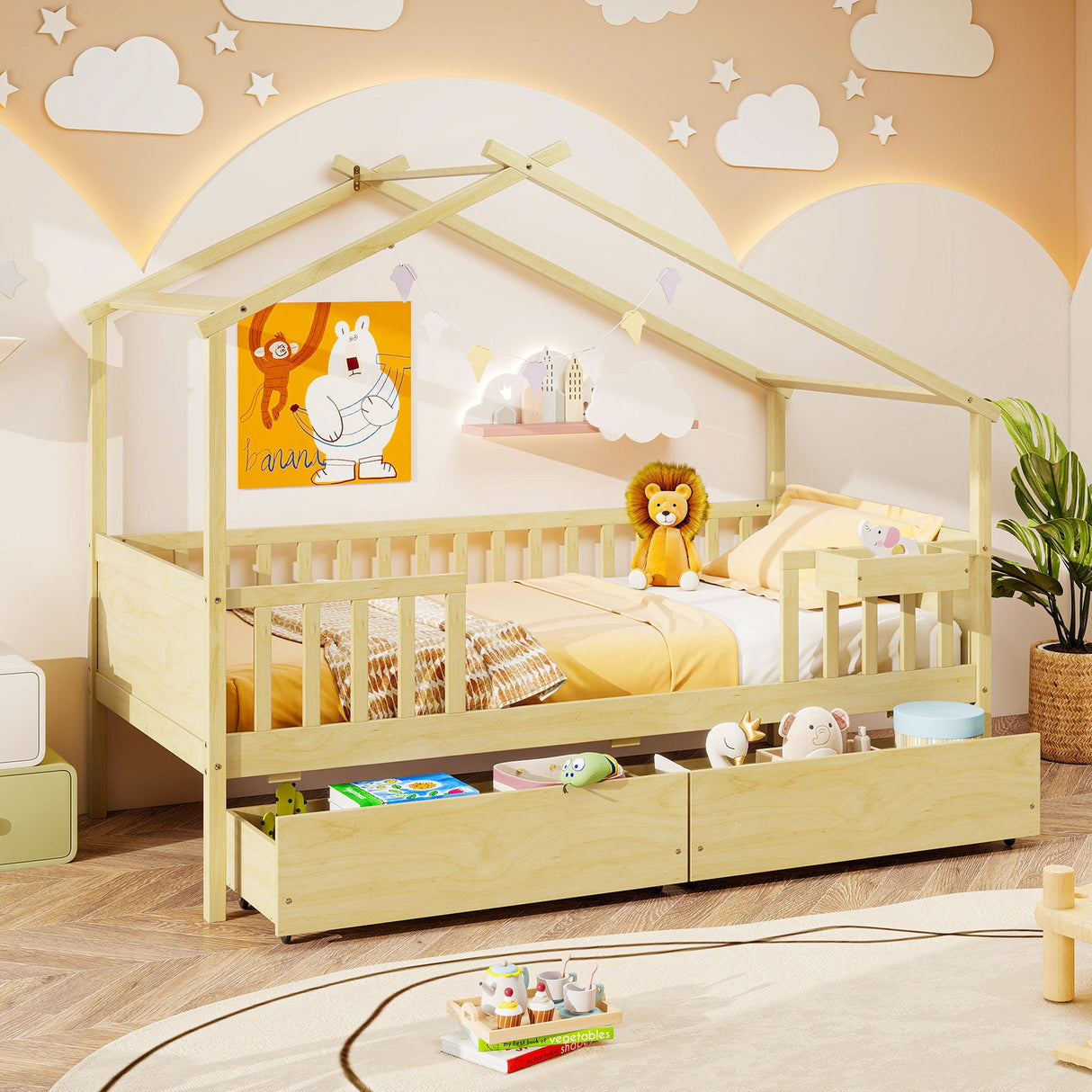 Cama Twin con 2 Cajones de Almacenamiento y Techo & Barandales de Valla