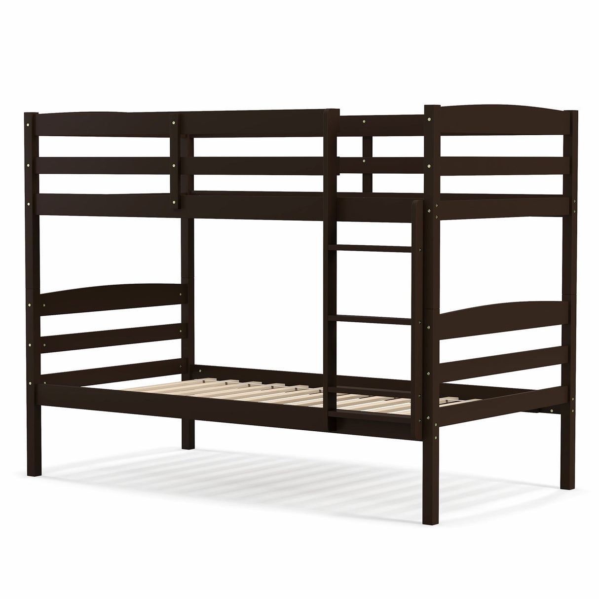 Litera doble de madera maciza con barandales altos y escalera integrada