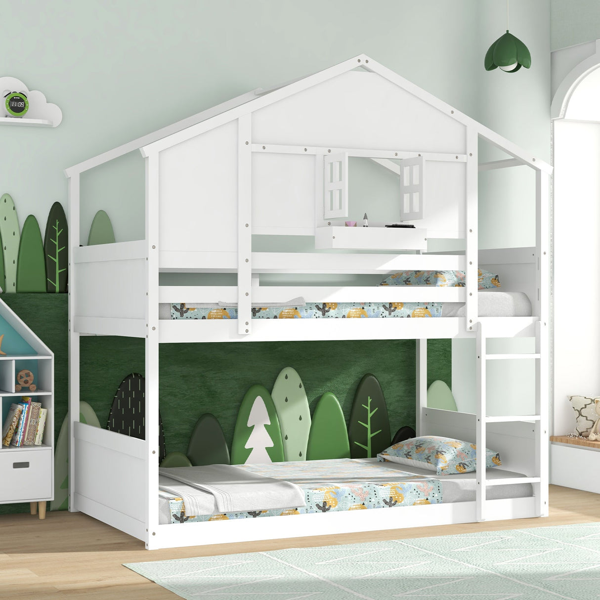 Litera doble sobre doble para niños con techo y ventana con cerradura - Blanco