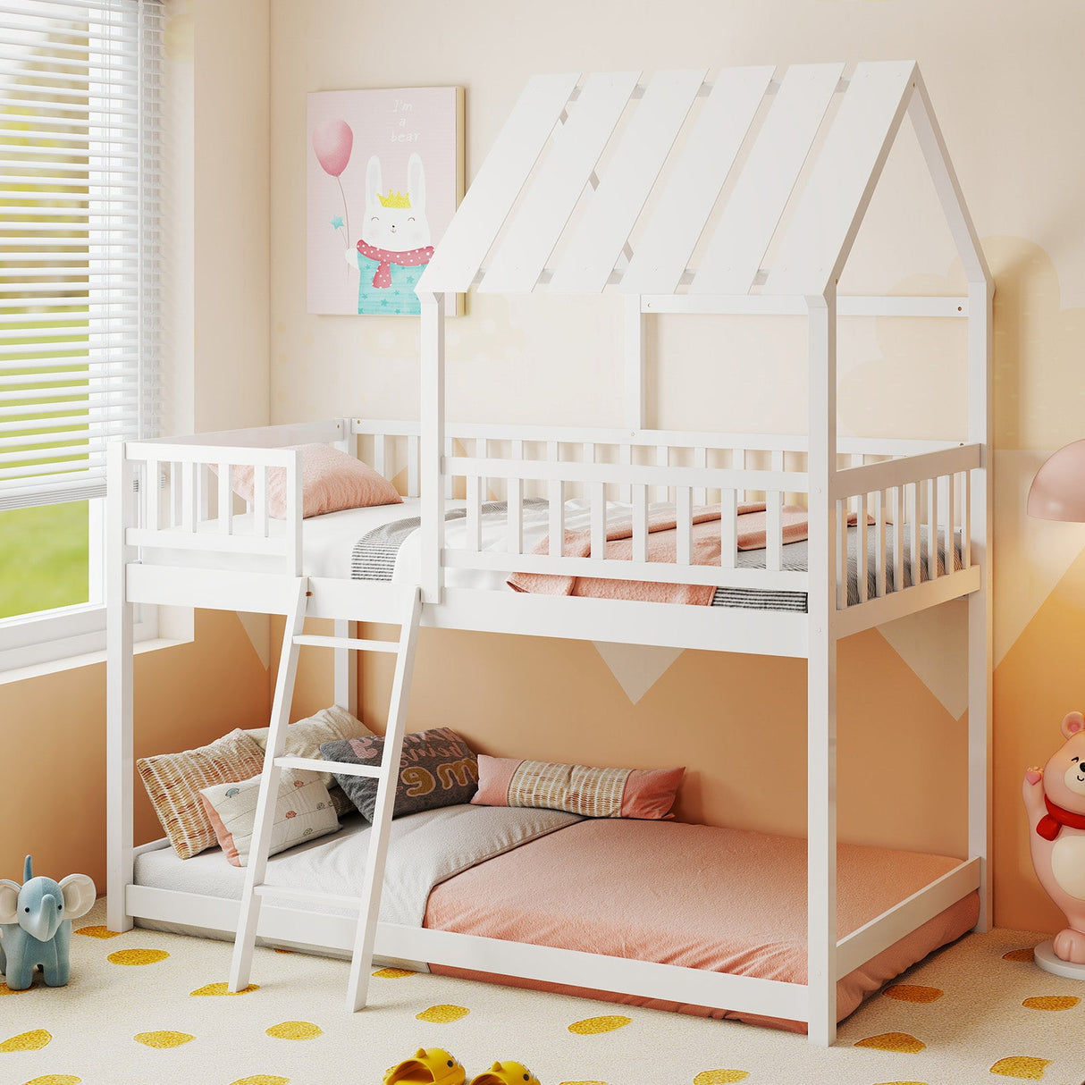 Litera con diseño de casa, tamaño individual sobre individual, con techo y barandales de seguridad de cuerpo entero para niños y adolescentes.
