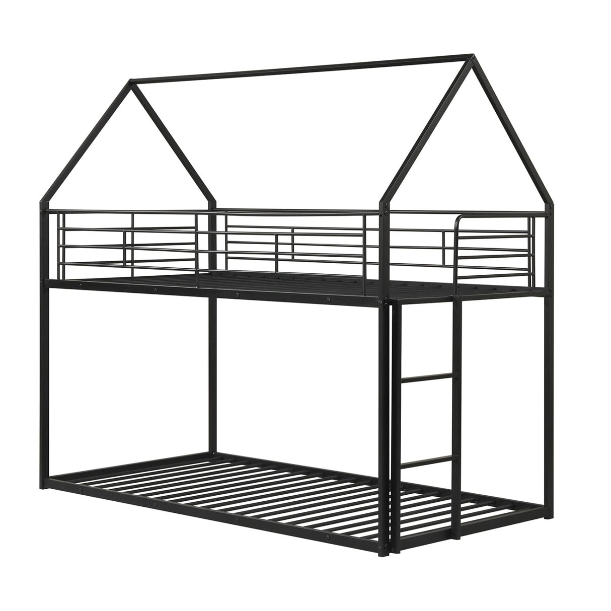 Twin Over Twin Metal Bunk Bed with Roof and Ladder