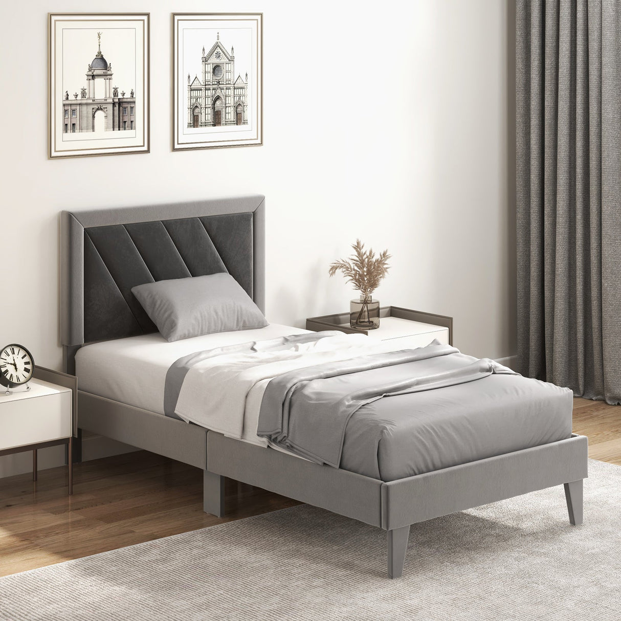 Cama tipo plataforma doble/matrimonial/Queen con cabecero alto y listones de madera