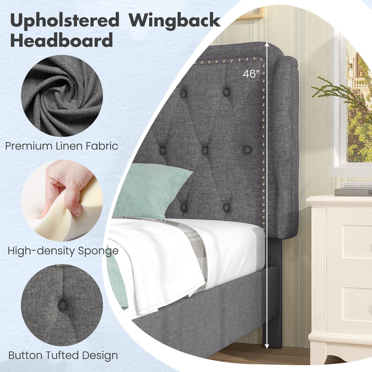 Estructura de cama individual con cabecero tapizado con botones y respaldo de ala, y espacio de almacenamiento - Gris