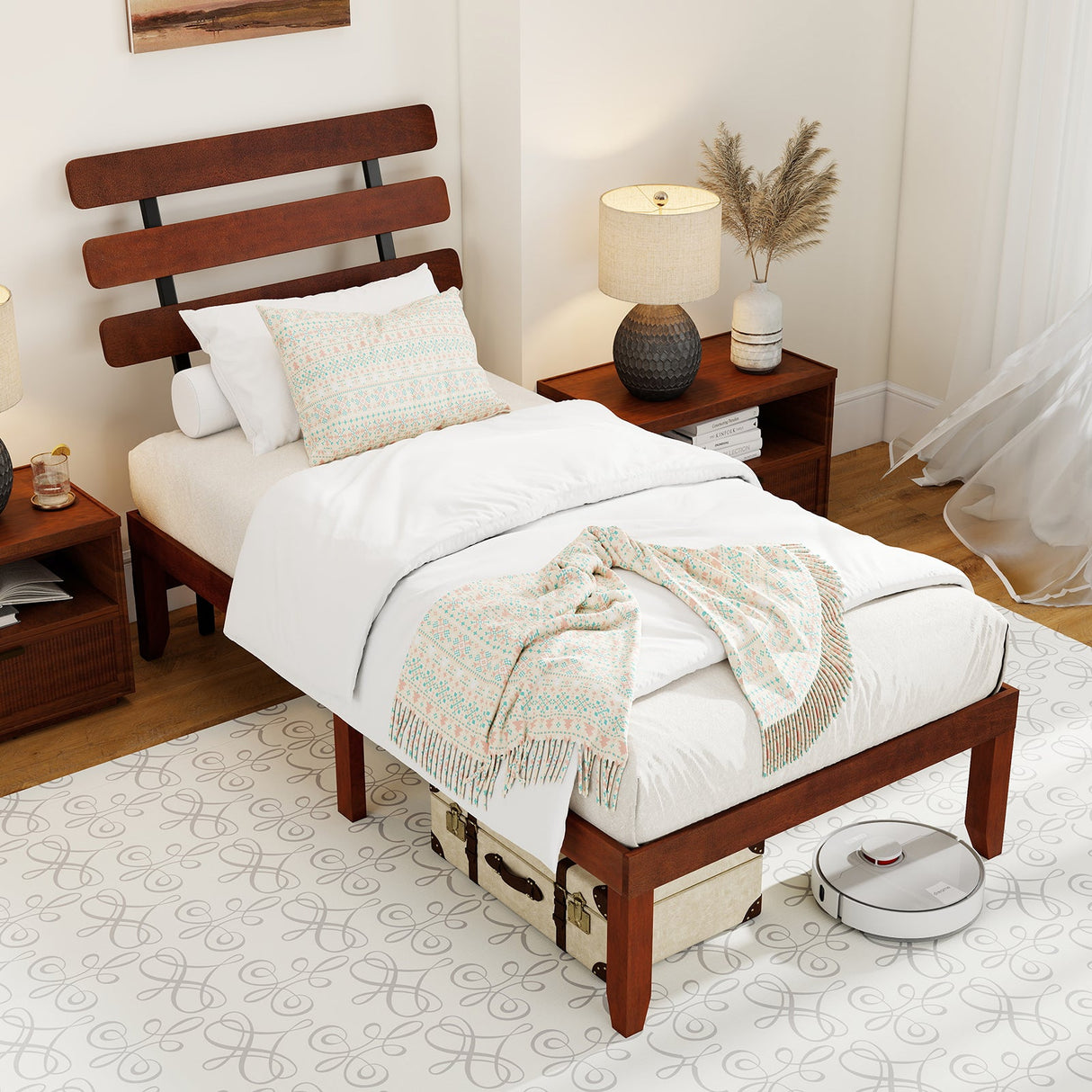 Base de cama de tamaño matrimonial de 15.5 pulgadas de madera maciza con cabecero retro