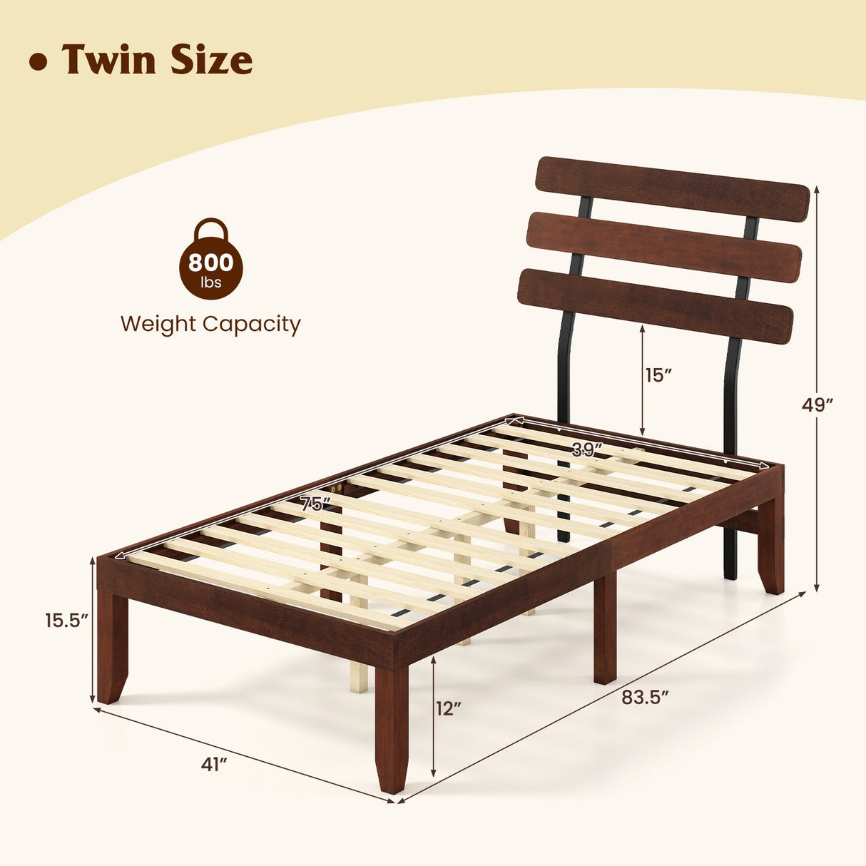 Base de cama de tamaño matrimonial de 15.5 pulgadas de madera maciza con cabecero retro