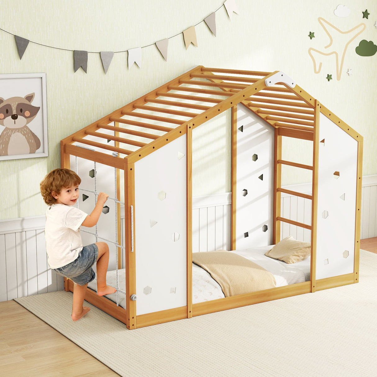 Cama de escalada tamaño individual, cama Montessori 2 en 1 con barras de mono, natural y blanco