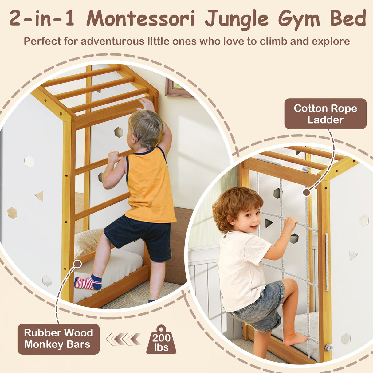 Cama de escalada tamaño individual, cama Montessori 2 en 1 con barras de mono, natural y blanco