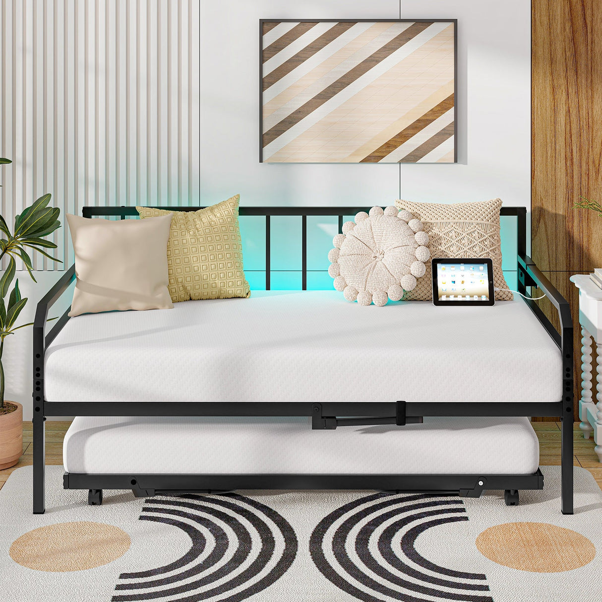 Sofá cama individual de metal ajustable con estación de carga y luz LED
