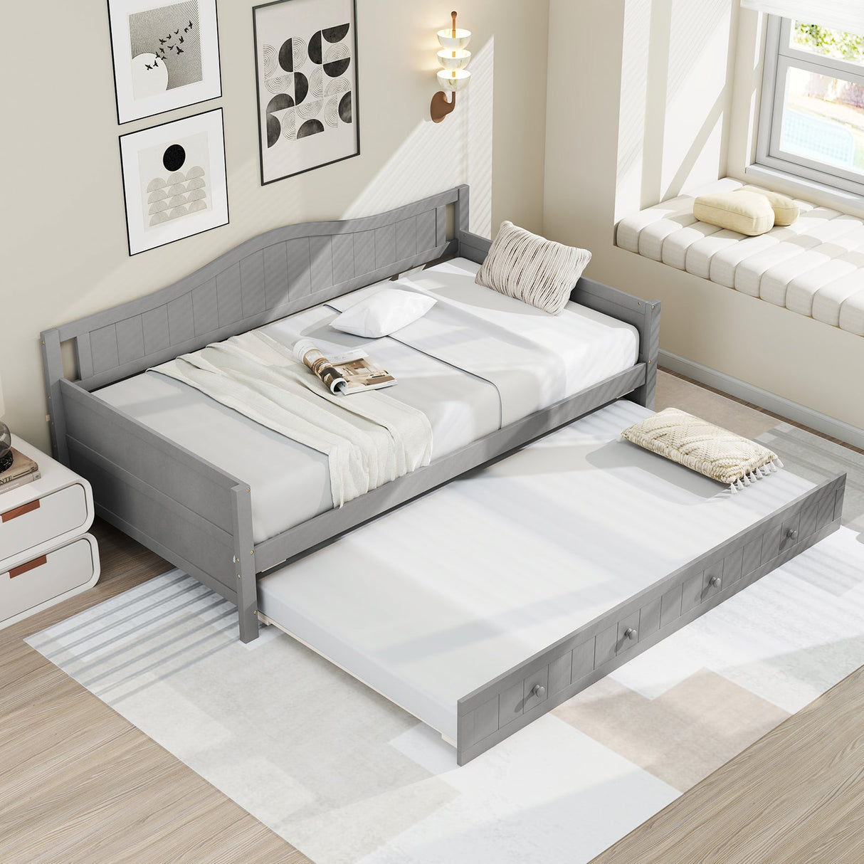 Sofá cama individual con nido y soporte de láminas sobre ruedas