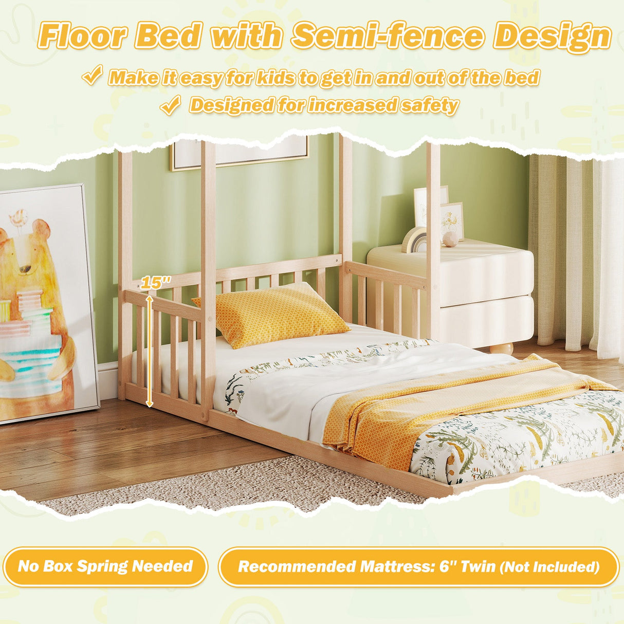Cama con forma de casa tamaño individual con techo de casa y semifallado