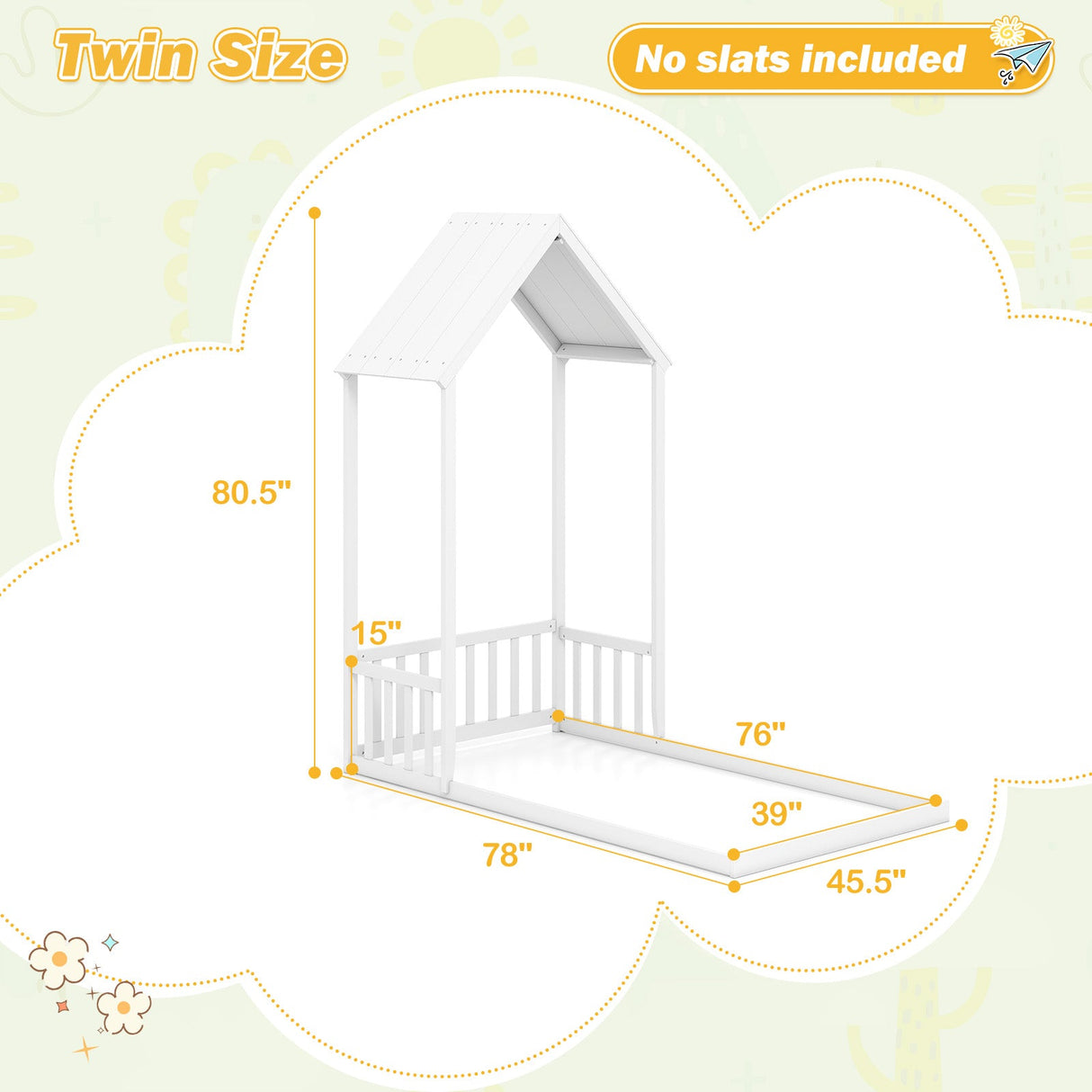 Cama con forma de casa tamaño individual con techo de casa y semifallado