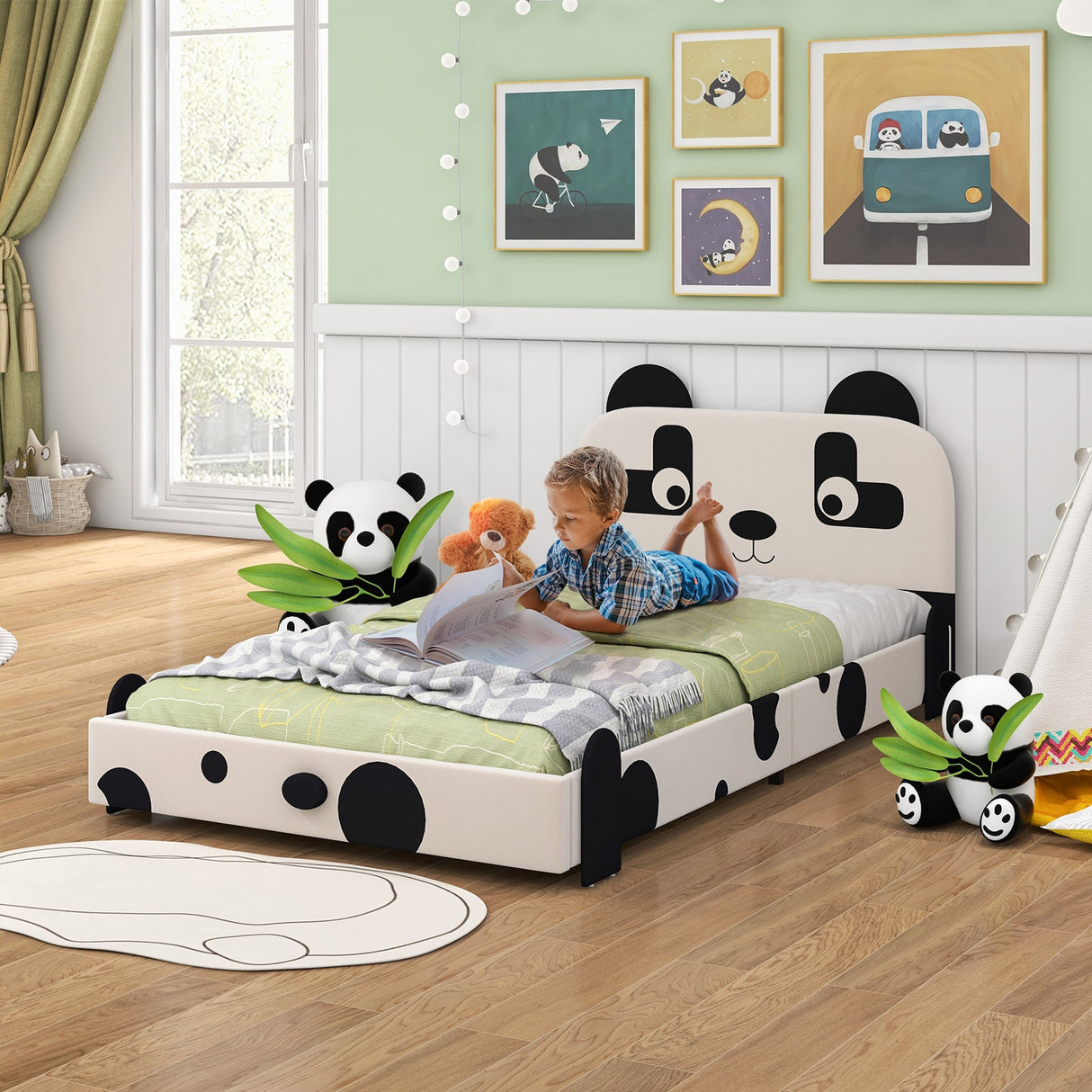 Cama infantil individual con cabecero de panda adorable