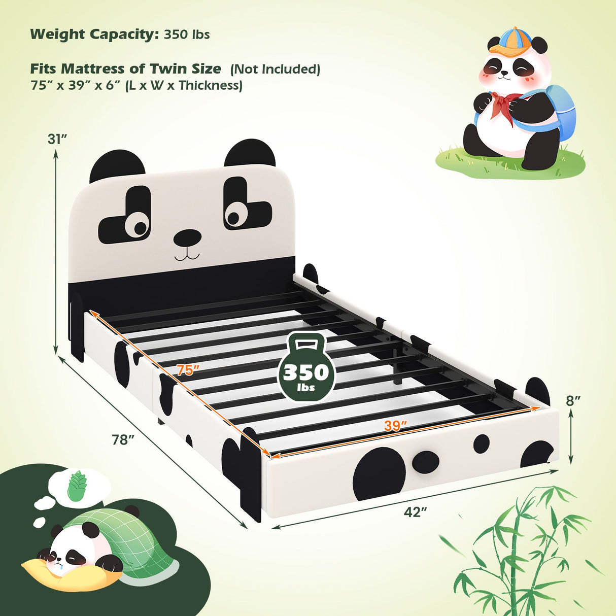 Cama infantil individual con cabecero de panda adorable