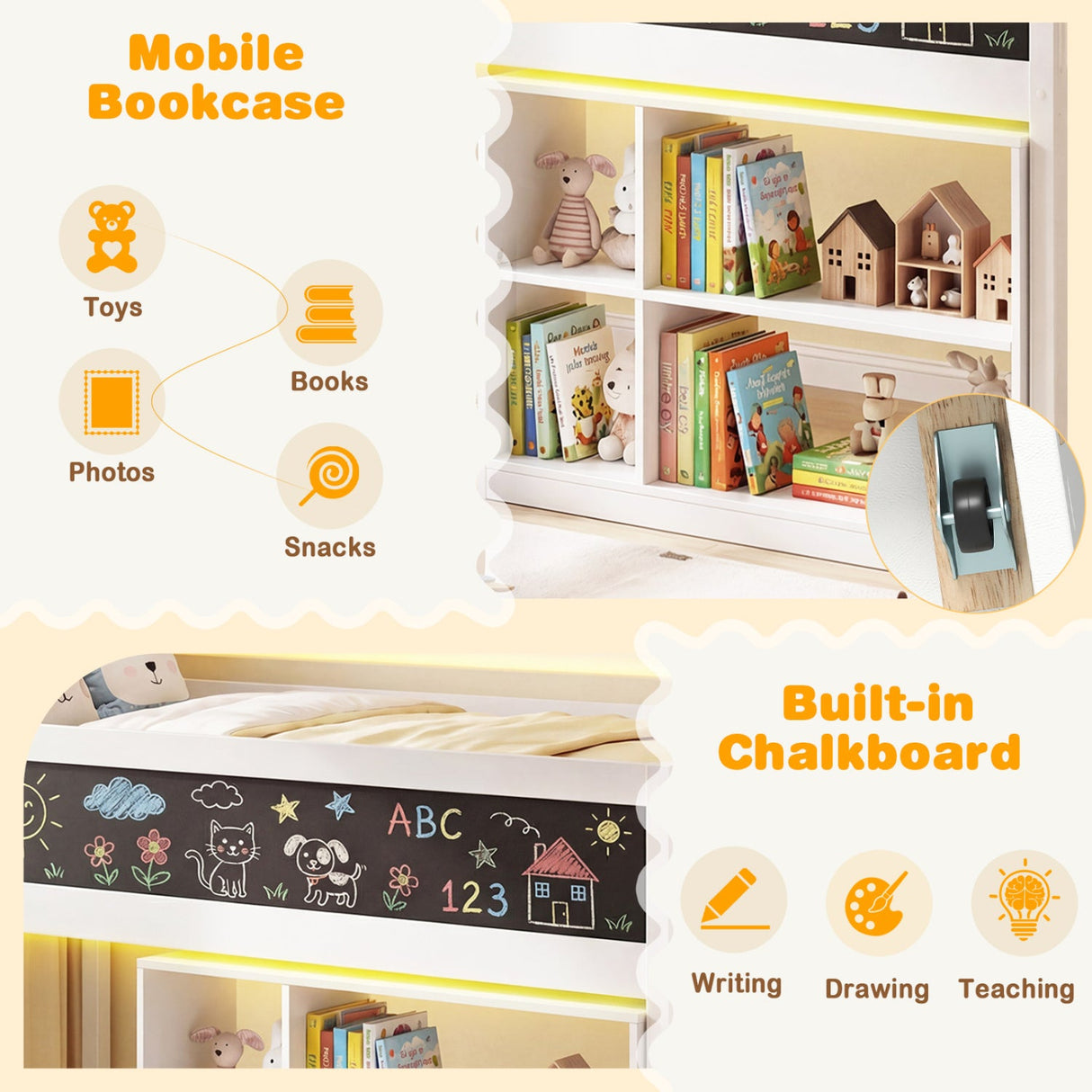 Twin Size Kids Loft Bed with LED Lights and Removable Bookcase