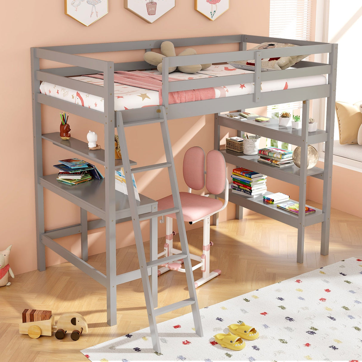 Litera alta individual con escritorio y estanterías para niños y adolescentes