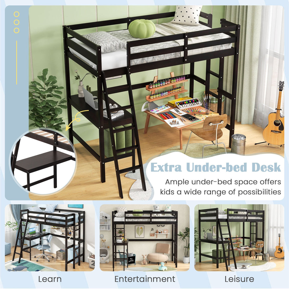 Estructura de cama alta individual con escritorio en ángulo y escalera incorporada