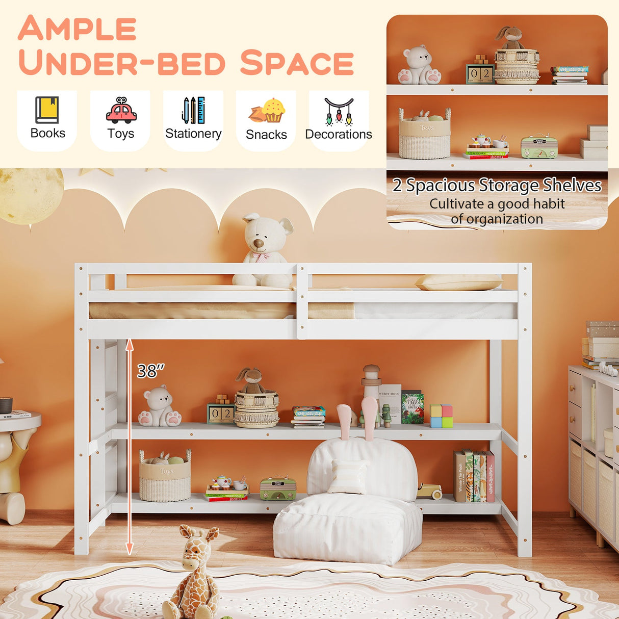 Cama alta individual con estantes de almacenamiento, barandillas de longitud completa y escalera - Blanca