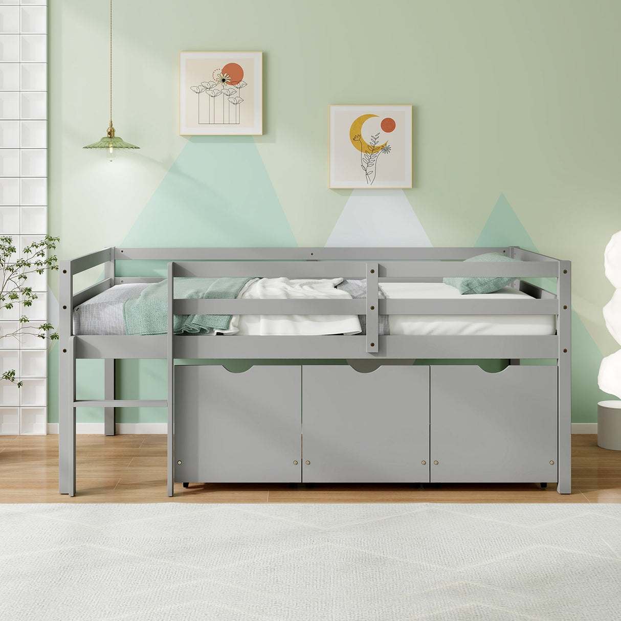 Cama baja tipo loft individual con 3 cajones, escalera y barandales de seguridad de longitud completa