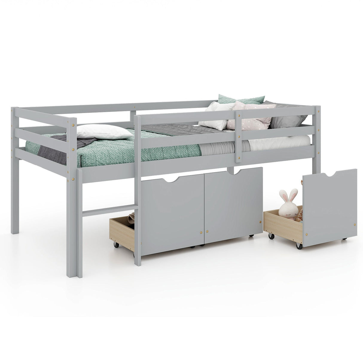 Cama baja tipo loft individual con 3 cajones, escalera y barandales de seguridad de longitud completa