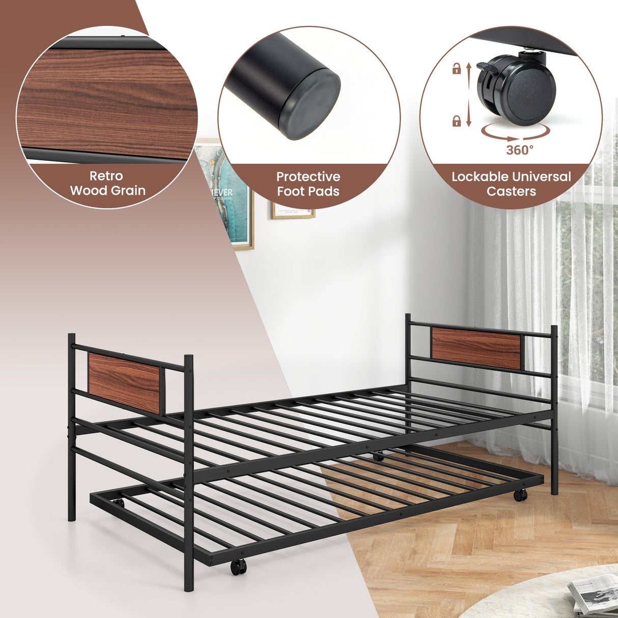 Sofá cama individual de metal con nido y cabecero de vetas de madera