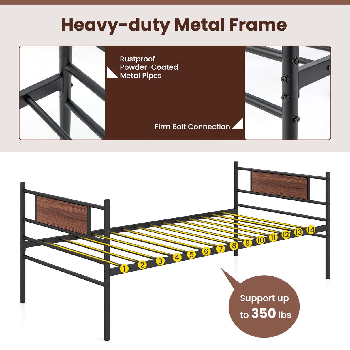 Sofá cama individual de metal con nido y cabecero de vetas de madera