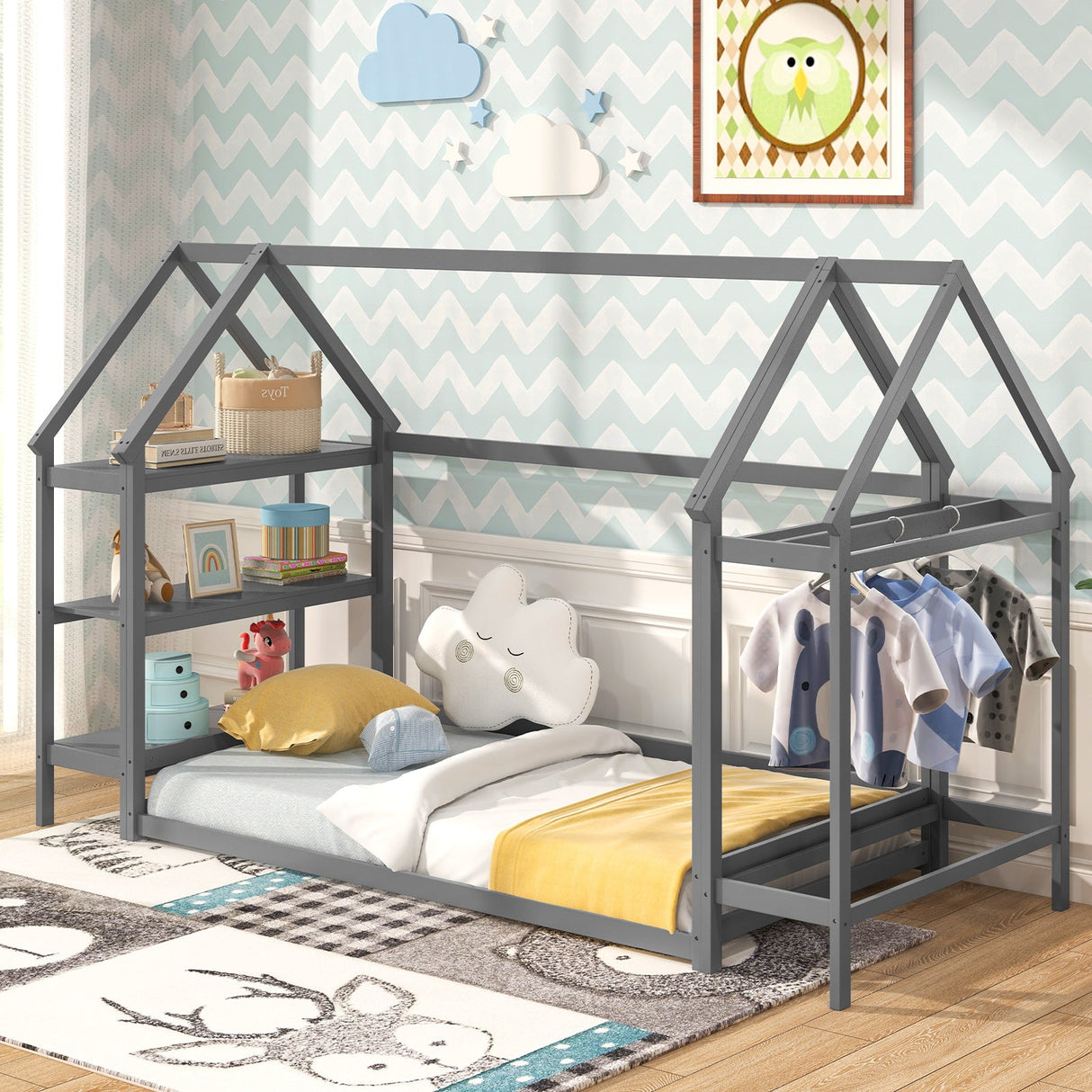 Cama baja Montessori individual con estantes de almacenamiento desmontables
