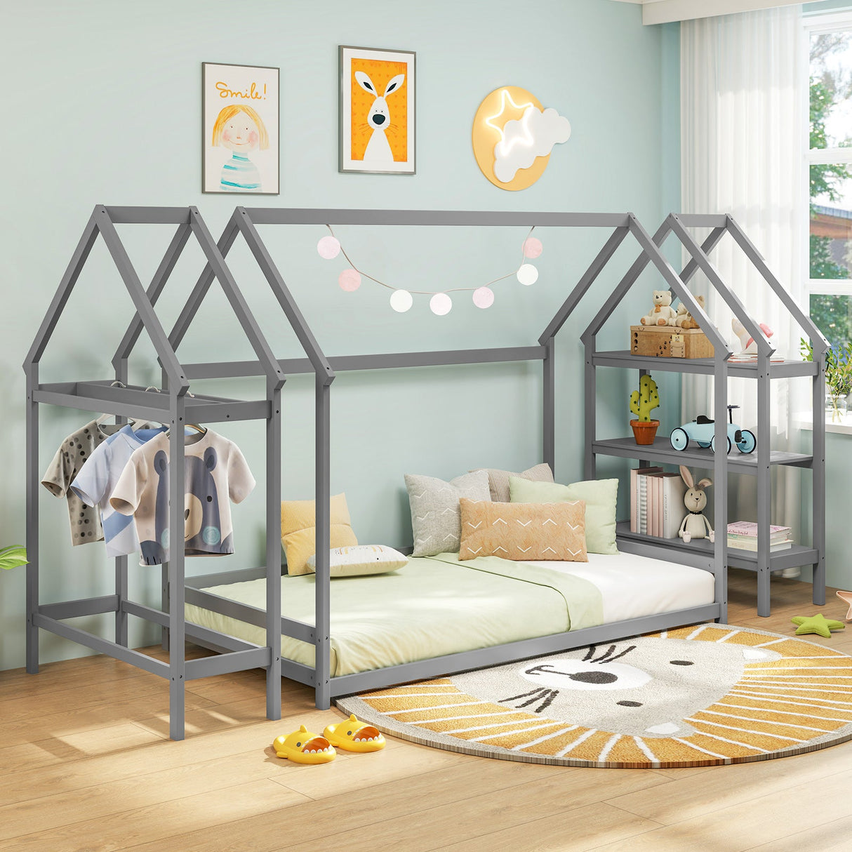 Cama baja Montessori individual con estantes de almacenamiento desmontables