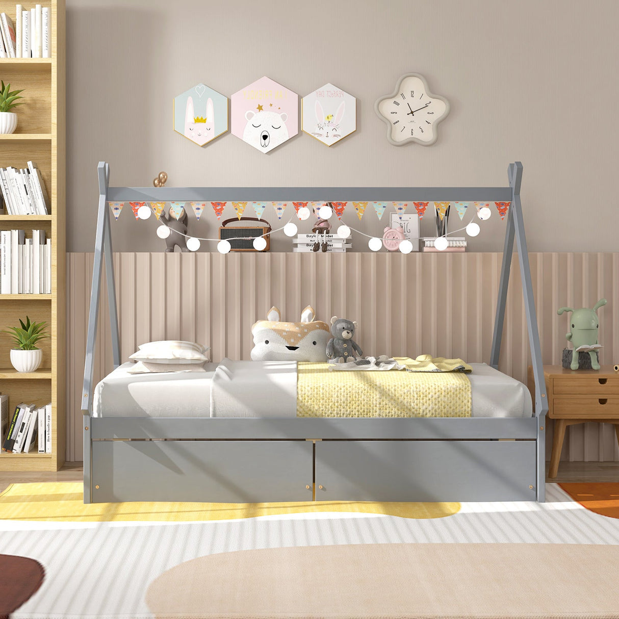 Cama de madera tipo casa de campaña de tamaño individual con 2 cajones