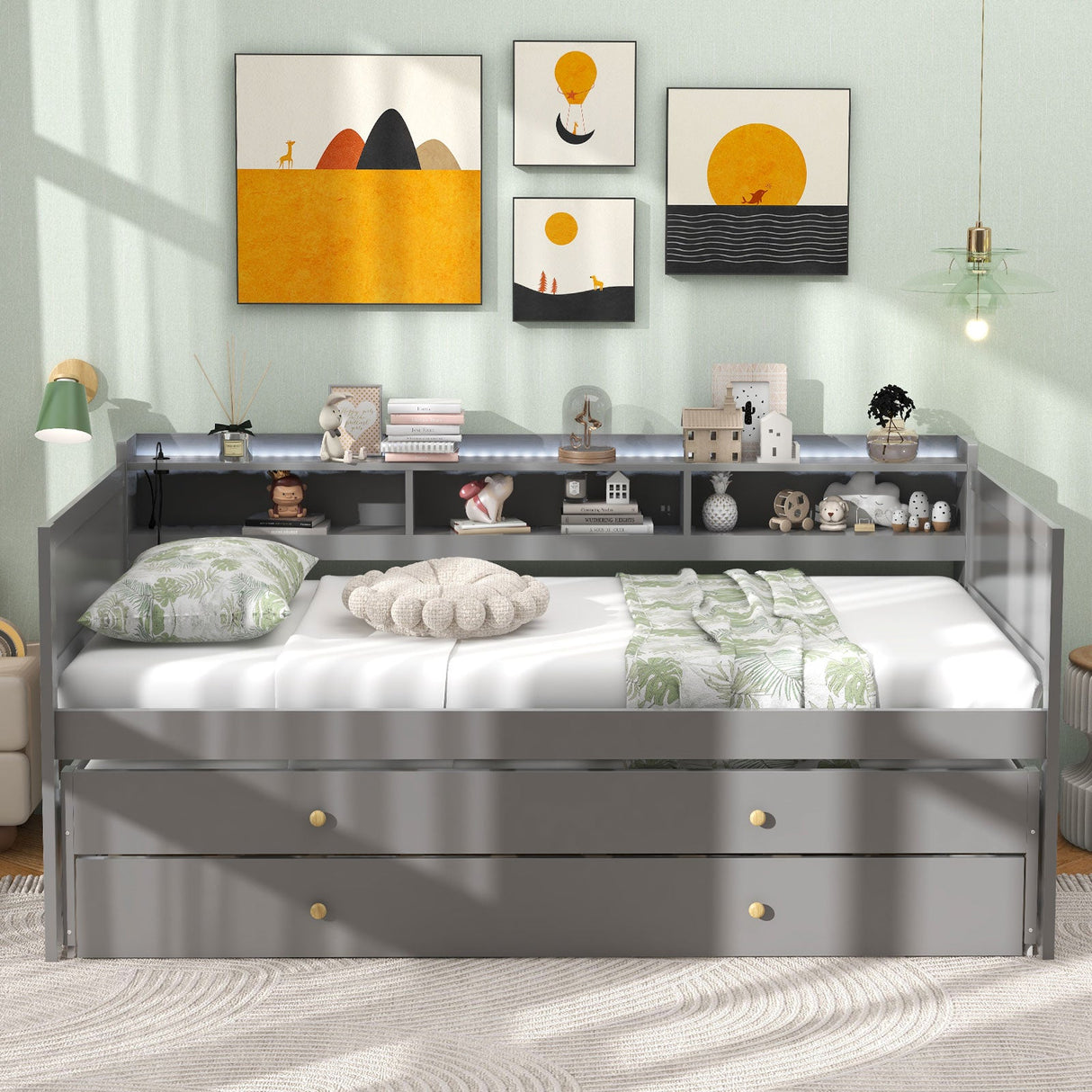 Cama Capitán Twin XL con 2 Camas Nido Twin y 3 Compartimentos de Almacenamiento - Gris