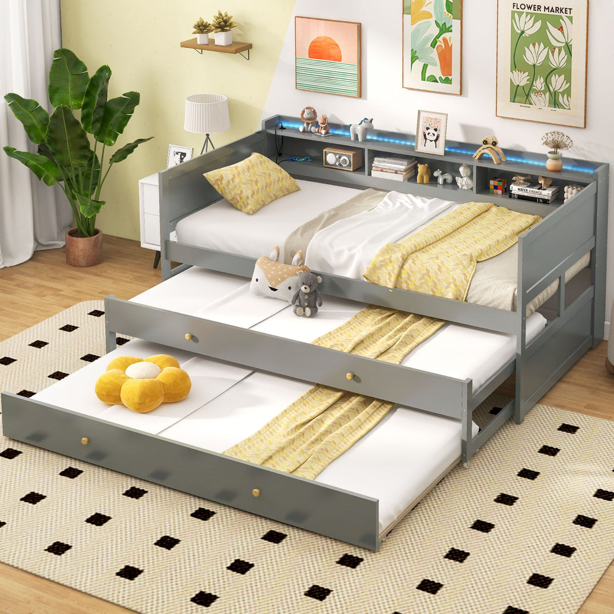 Cama Capitán Twin XL con 2 Camas Nido Twin y 3 Compartimentos de Almacenamiento - Gris