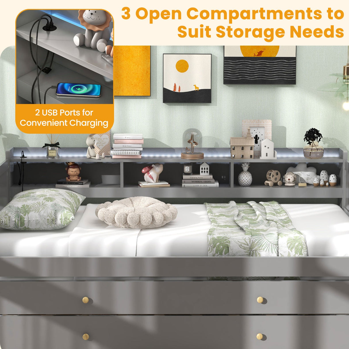 Cama Capitán Twin XL con 2 Camas Nido Twin y 3 Compartimentos de Almacenamiento - Gris