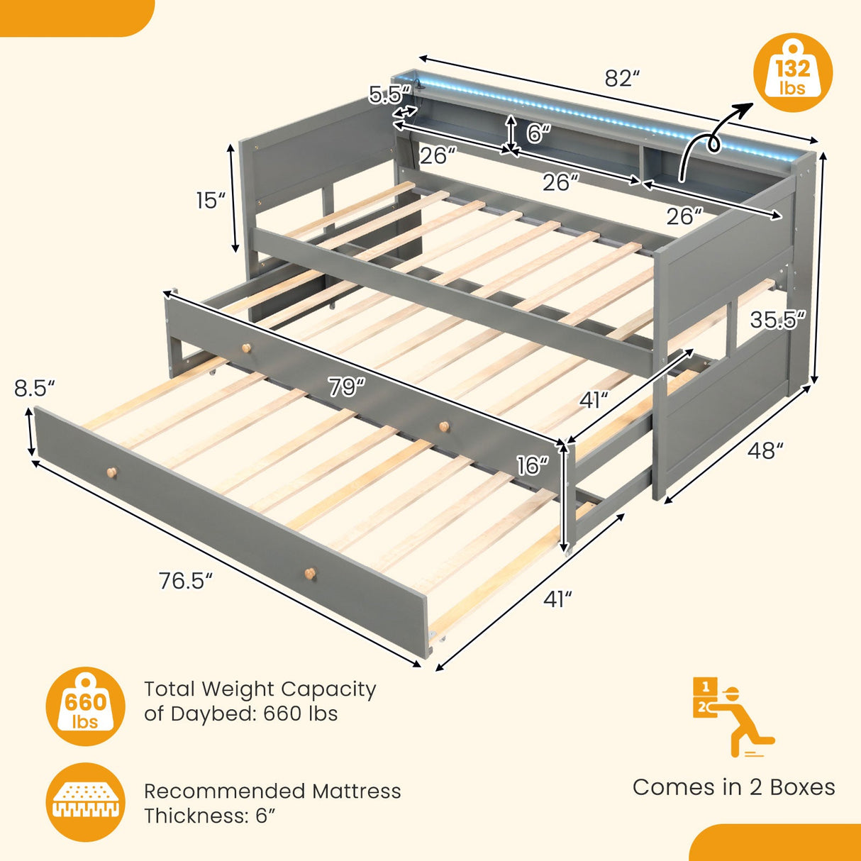 Cama Capitán Twin XL con 2 Camas Nido Twin y 3 Compartimentos de Almacenamiento - Gris