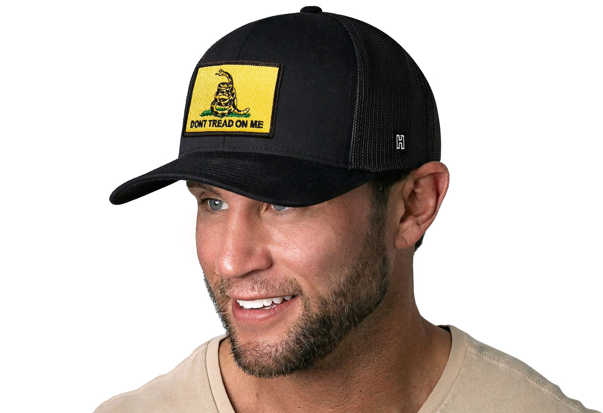 Dont Tread On Me Trucker Hat | Black Gadsden Flag Yellow Snapback