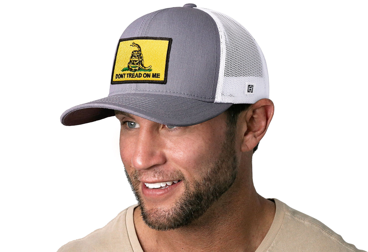 Dont Tread On Me Trucker Hat | Gray-White Gadsden Flag Yellow Snapback