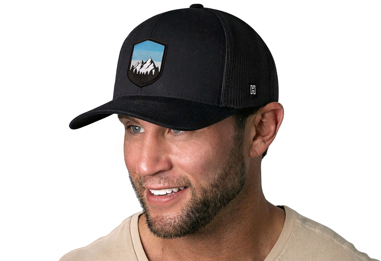 Mountains and Sky Trucker Hat | Black Outdoors Snapback