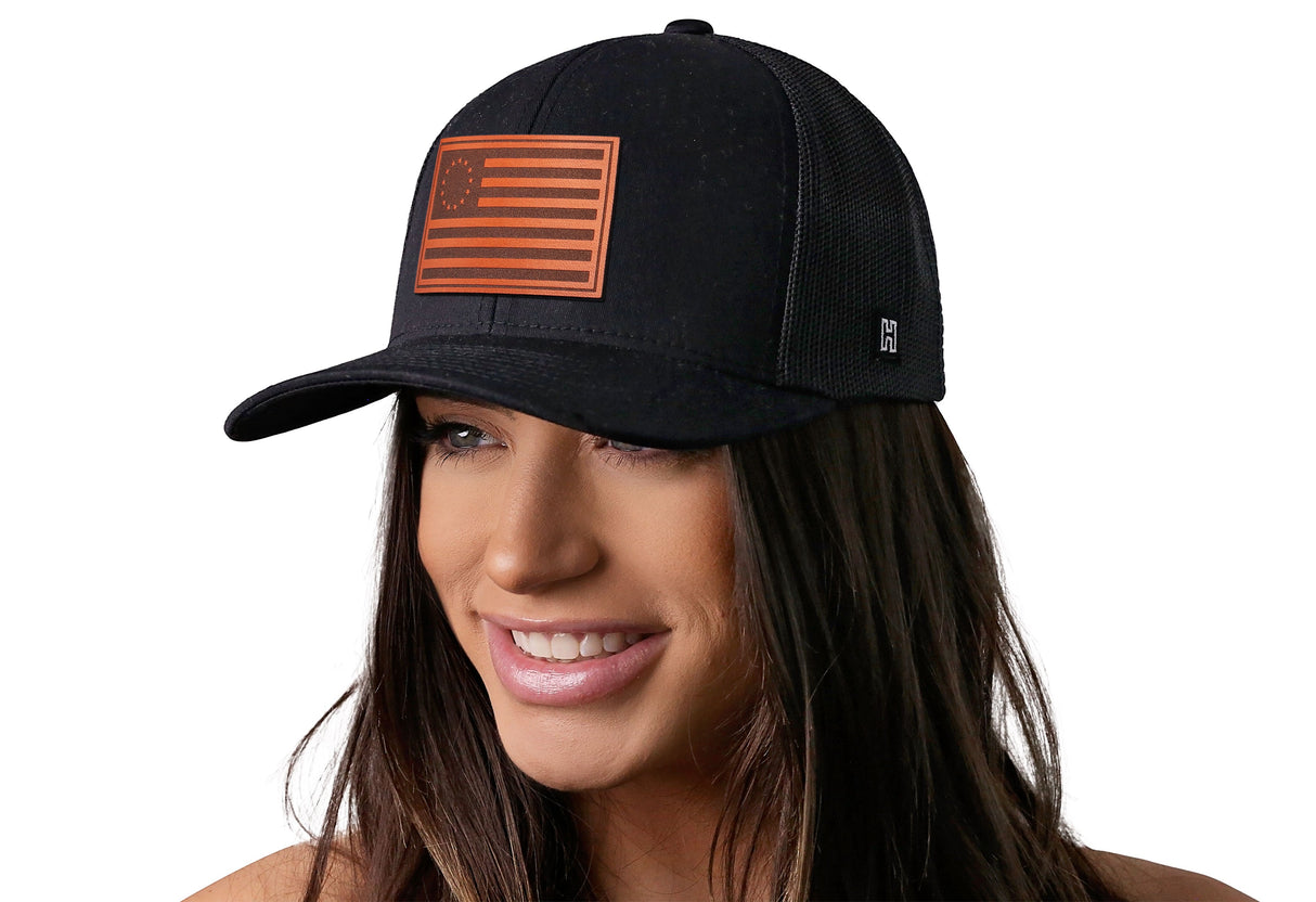 Betsy Ross Flag Trucker Hat Leather | Black USA Snapback